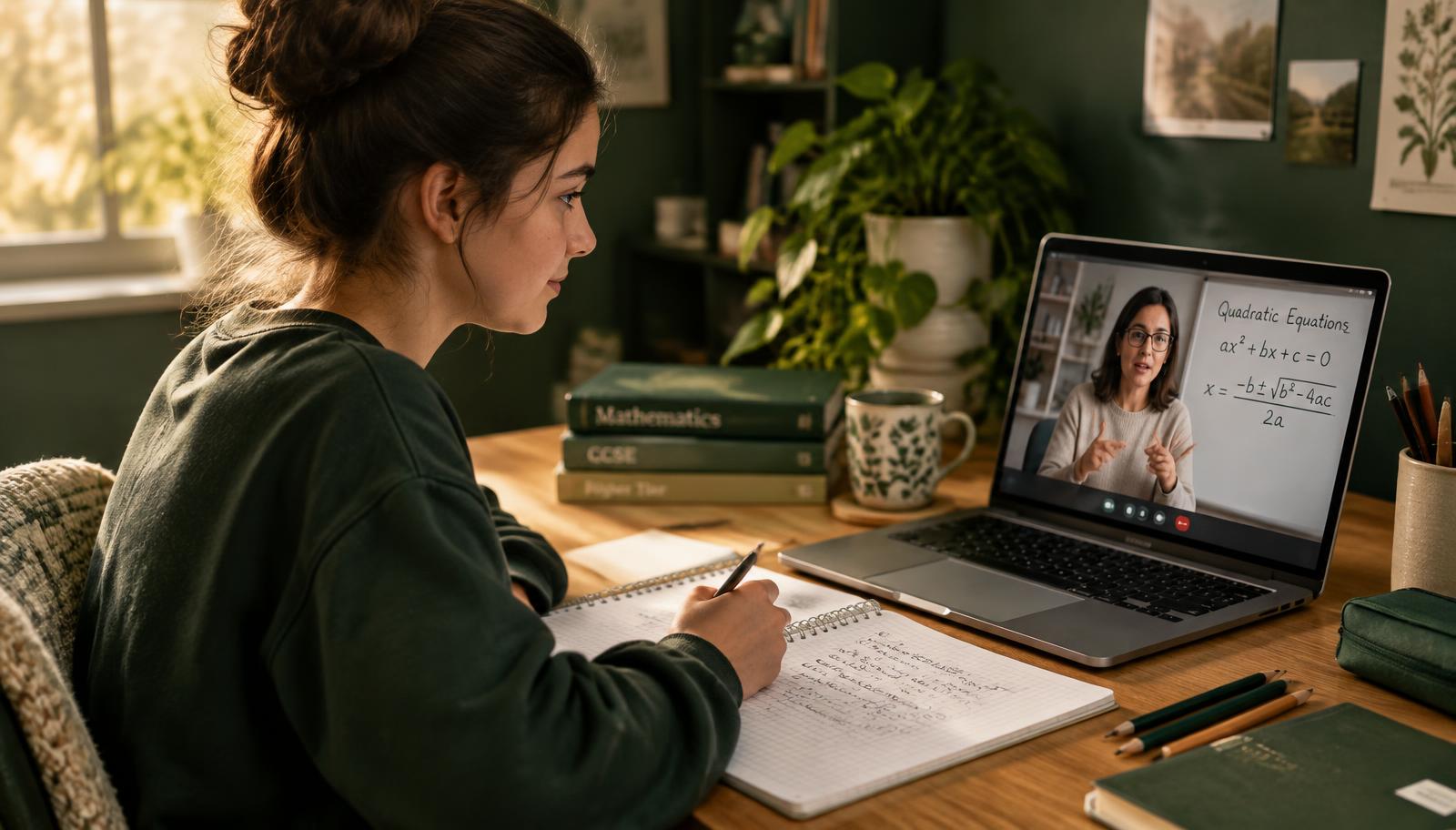 A student taking an online tutoring lesson at home
